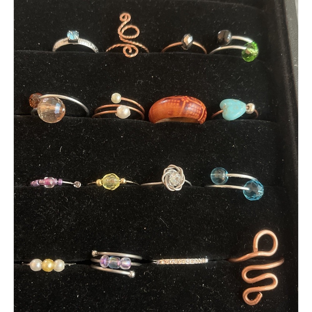 Lot of 16 Costume Rings Beads Stones Silver Tone Bronze Wood #22